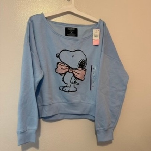 Peanuts Tops - Peanuts Snoopy Light Blue Graphic Sweatshirt Glitter Bow Pink XL NWT